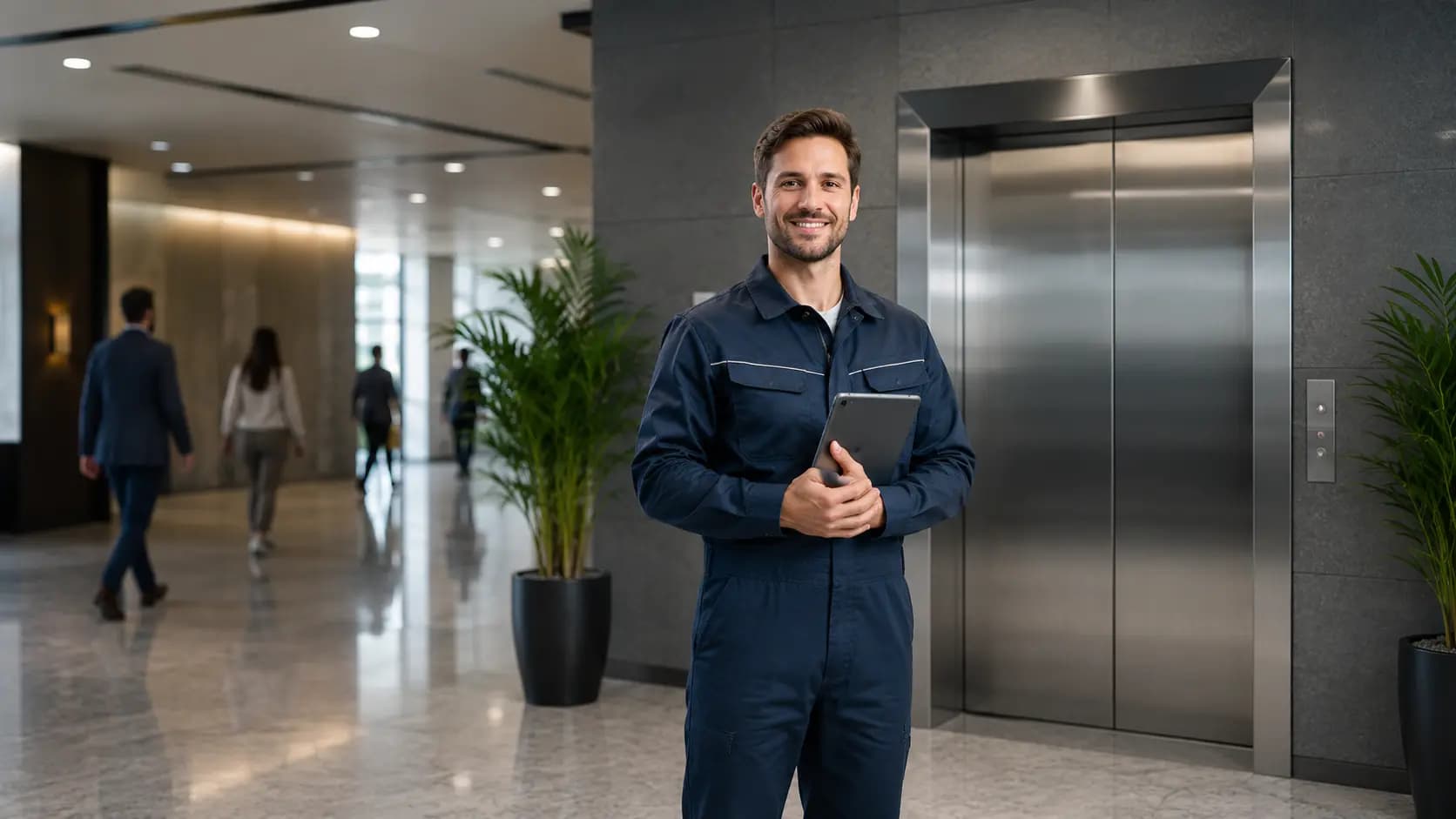 Técnico de manutenção de elevadores com tablet em campo