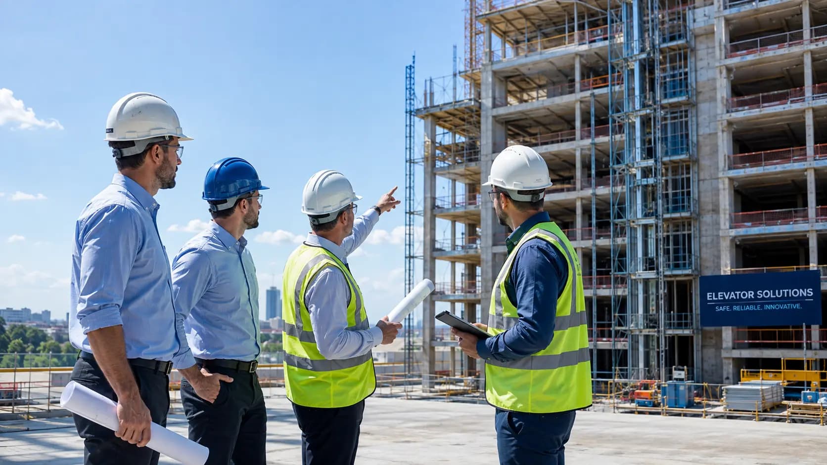 Engenheiros analisando um projeto em um canteiro de obras